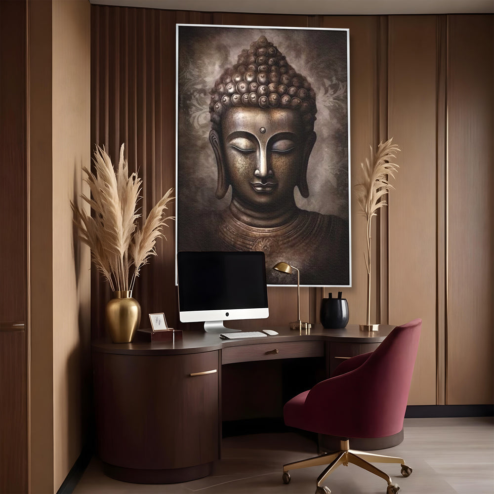 Tablou canvas cu tablou canvas cu portret buddha, in rama de aluminiu argintiu, pe perete intr-un birou